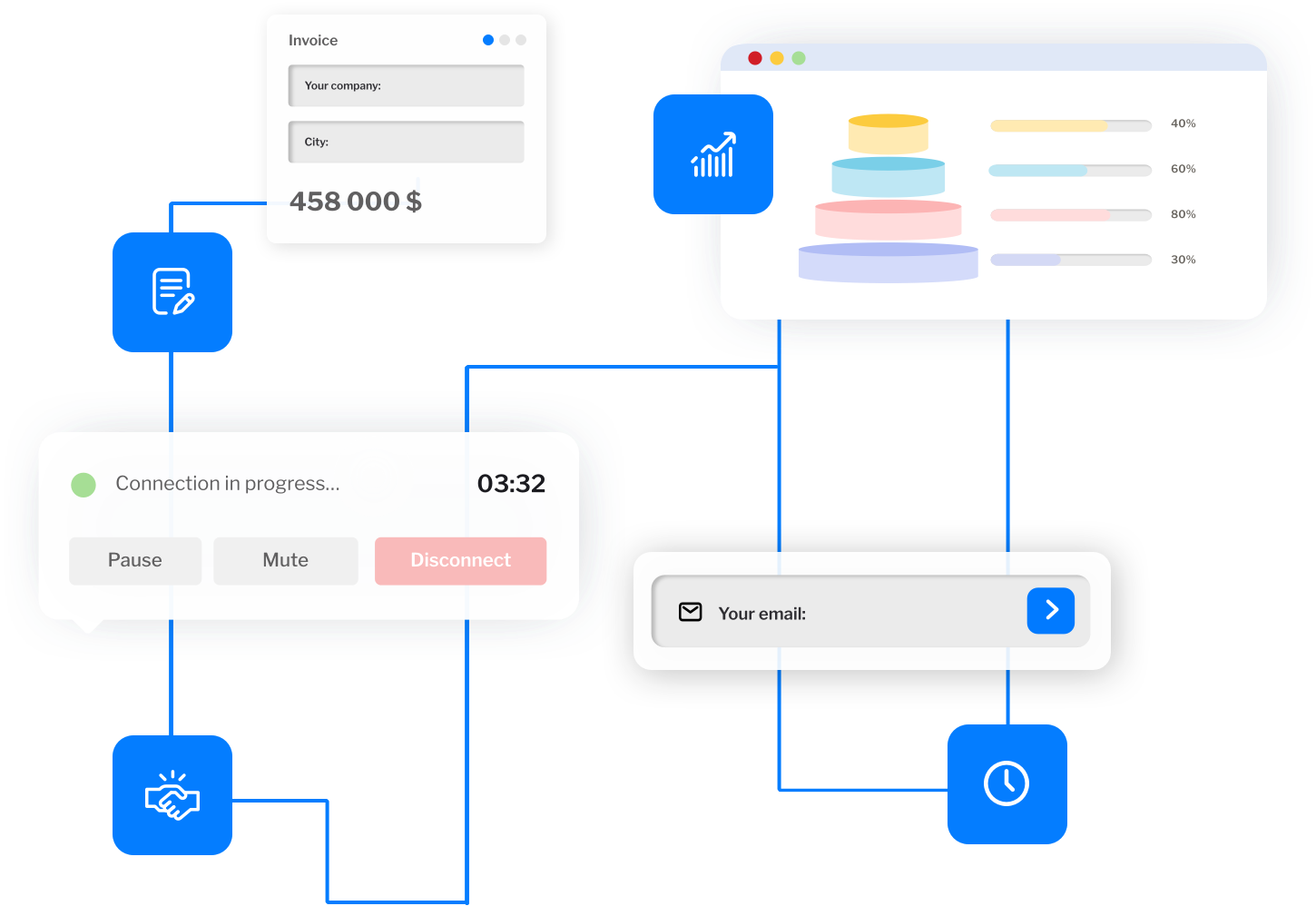 Infographic displaying CRM integration capabilities with various apps for sales and team management.