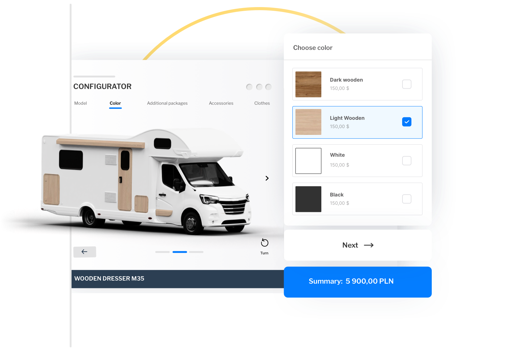 Visualization of a car configurator tool, enabling customers to personalize their vehicle choices.