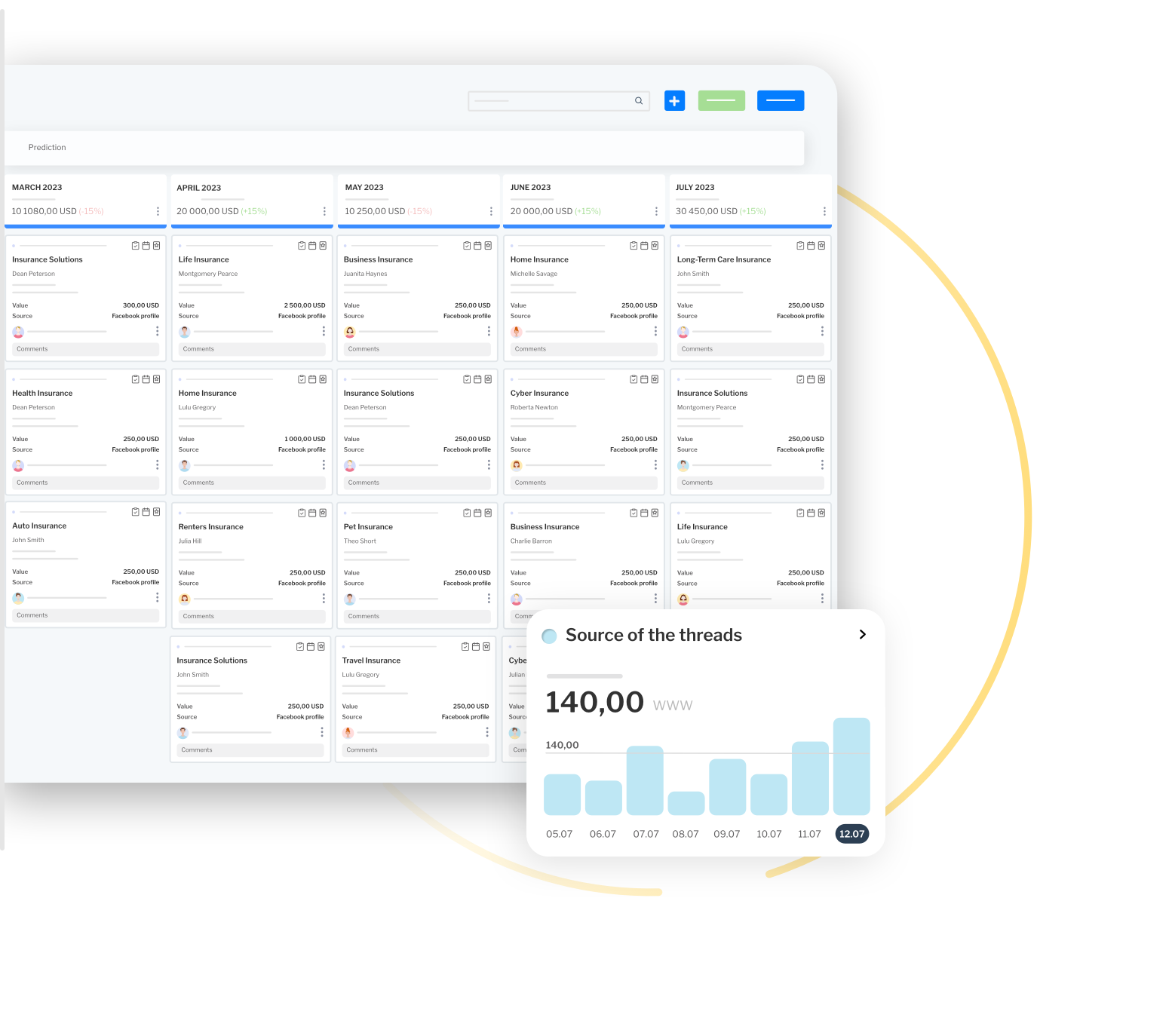 Detailed CRM insurance process administration interface, showcasing document and contract management.