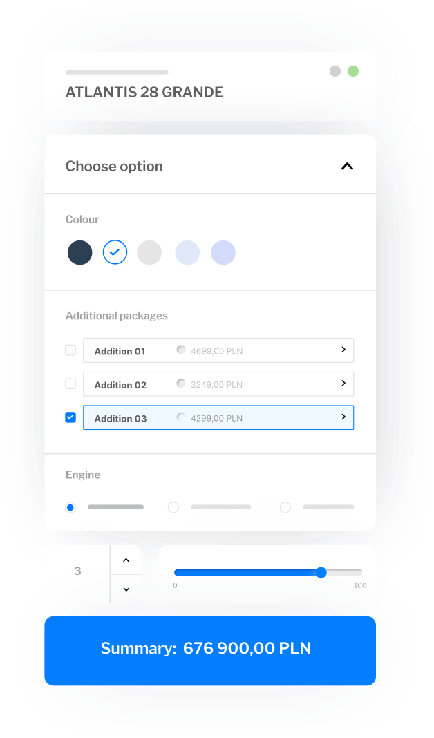 User interface of Salesbook custom offer creation tool with a yacht image, symbolizing premium configure price quote capabilities.